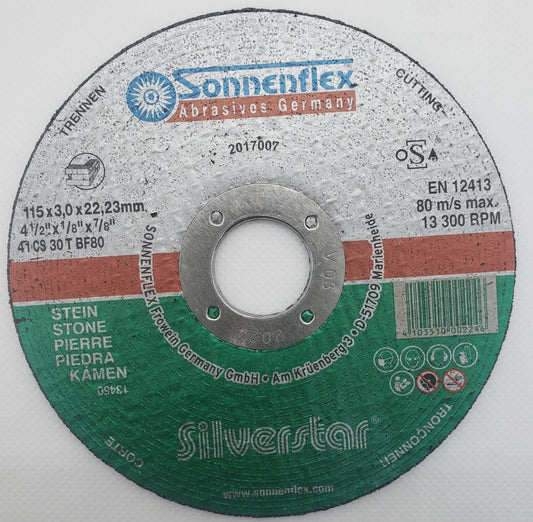 Cutting Disc 115x3x22mm=4.19/32"x1/8"x7/8" STONE TLS61858 GERMAN - SONNENFLEX [ SON 224 Silver Star ]