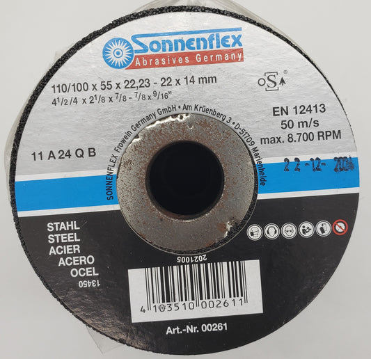 Sanding Disc A24 110/100x55x22mm=4.21/64"/3.15/16"x2.11/64"x7/8" STEEL. For Steel and Cast Iron. Fast Grinding and long life time. GERMAN - SONNENFLEX [ SON 261 ]