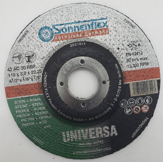 Cutting Disc 115x3x22mm=4.1/2"x1/8"x7/8" STEEL/STONE GERMAN - SONNENFLEX [ SON 722 Universa ]