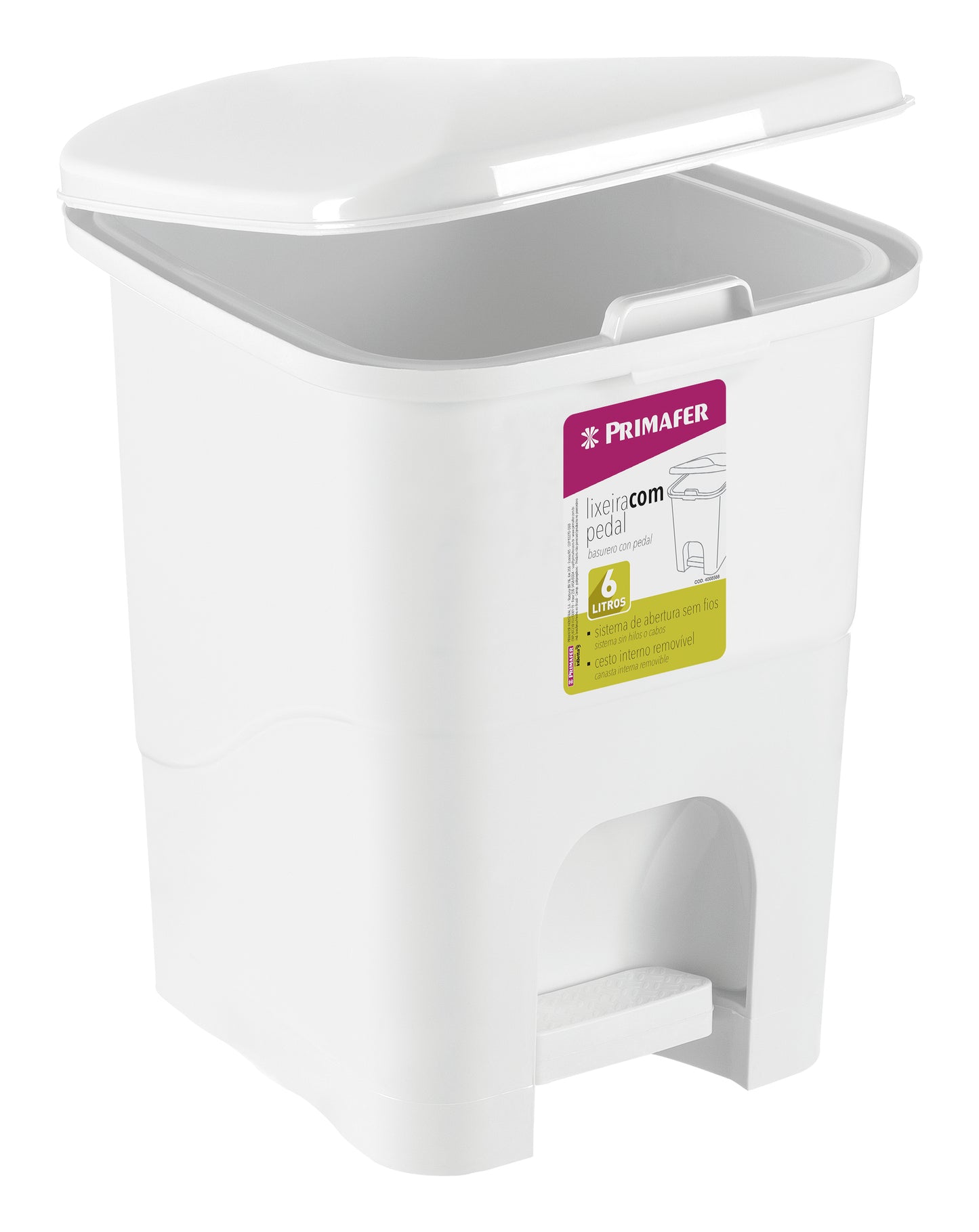 6L Trash Can rectangular with plastic pedal. WHITE. Removable basket for easy removal and cleaning. 20,6 x 22,6 x 28 cm - ATLAS [ ATL PR1016-2 ]