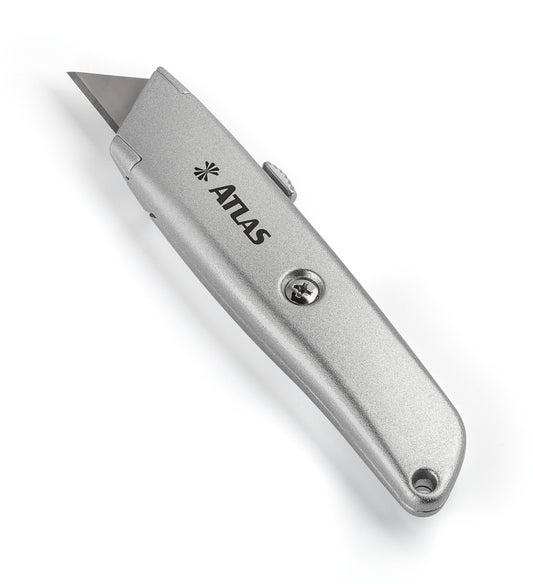 Heavy Duty Utility Knife. High quality carbon steel sheet. Aluminum handle. Trapezoidal blade made of steel. Quick exchange system for blades - ATLAS [ ATL AT1408 ]