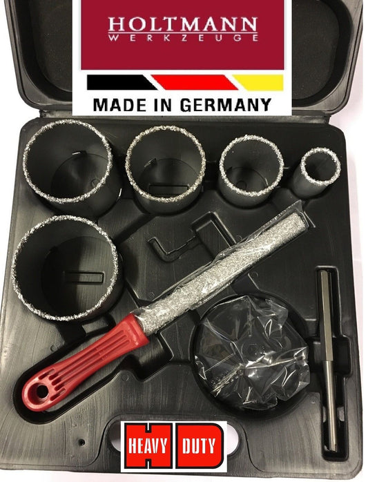 Hole Saw Set DIAMOND for TILES, CONCRETE, STONE, 8 Pcs 33,53,67,73,83mm= 1.1/4",2.5/64",2.5/8", 2.7/8", 3.5/16" w  ADAPTERS + FILE GERMAN - HOLTMANN [ HOL 1517 K ]