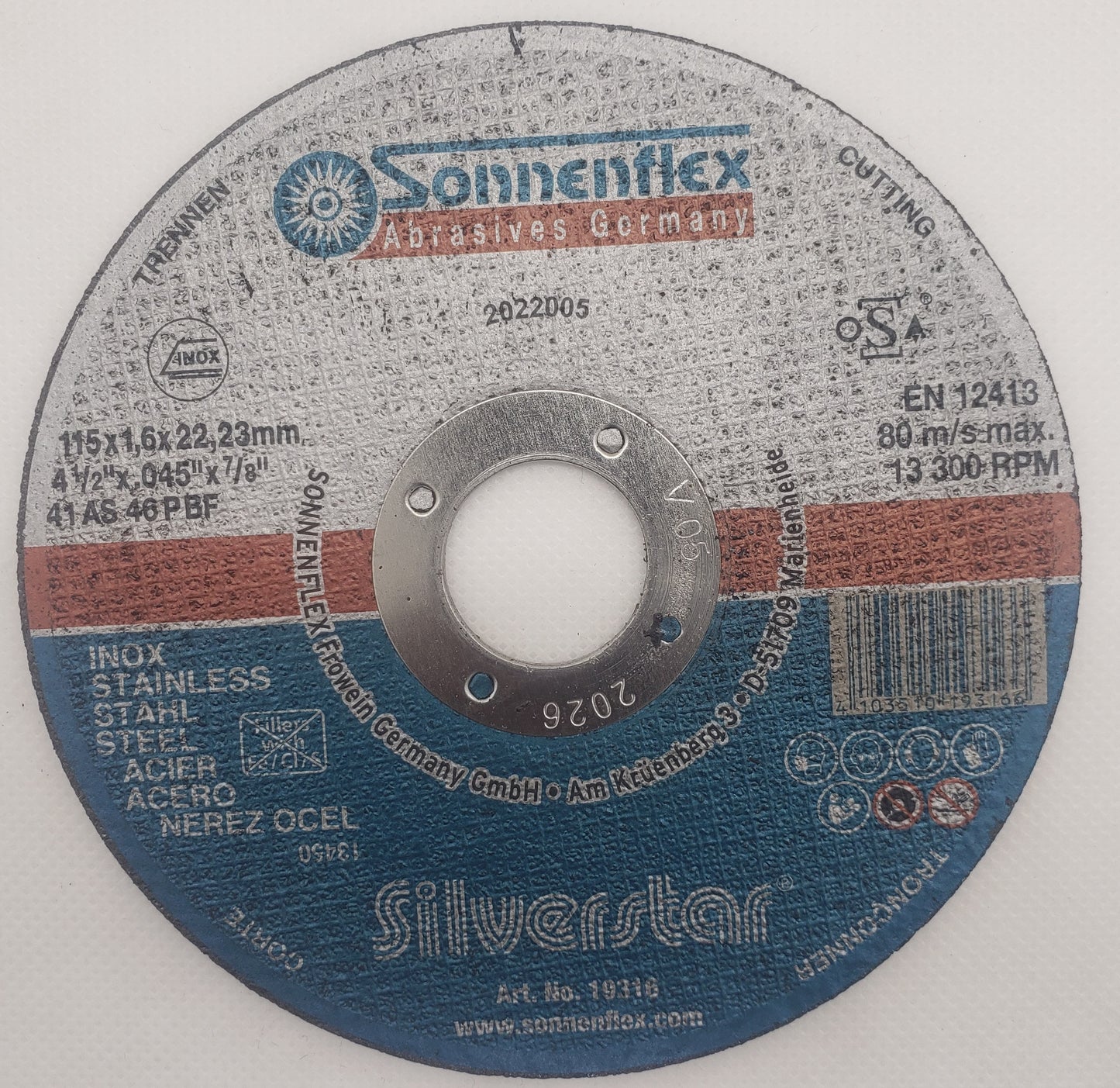 Cutting Disc 115x1.6x22mm=4.1/2"x1/16"x7/8"  STAINLESS STEEL TLS64505 GERMAN - SONNENFLEX [ SON 76706 ]