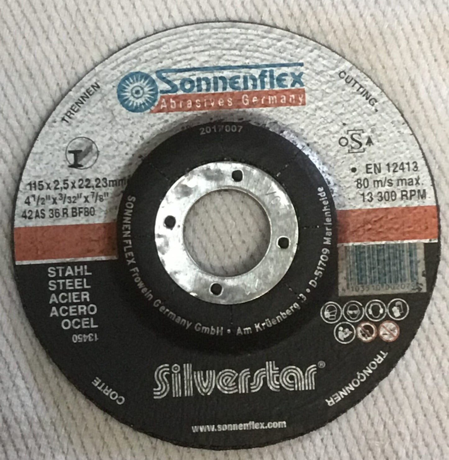 Cutting Disc 115x2.5x22mm=4.19/32"x3/32"x7/8" STEEL TLS 60858 GERMAN - SONNENFLEX [ SON 190 Silver Star ]