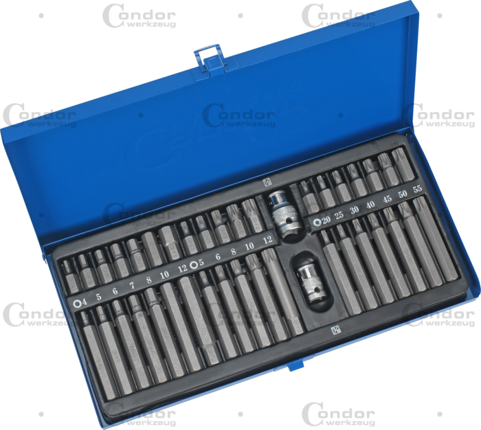 Set of Screwdriver Bits 40 pcs 14 pcs TX 20,25,30,40,45,50,55 , 10 pcs XZN  M5, M6, M8, M10, M12 + 10 pcs ALLEN Type 4,5,6,7,8,10,12mm + 2 Adapters 3/8" + 1/2"  - CONDOR [ PRA 210/4 ]