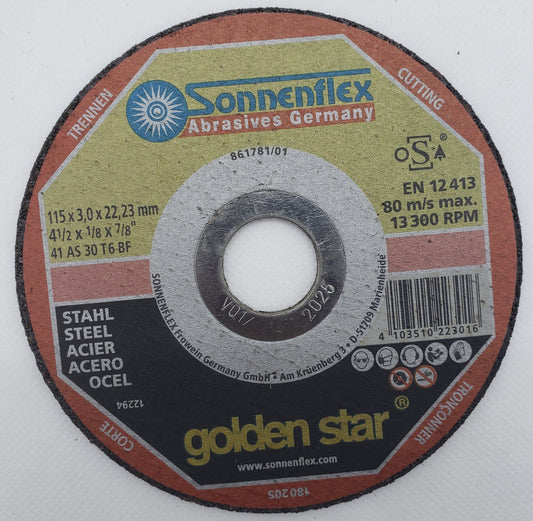 GOLDEN STAR Steel Cutting Disc 115mm=4.1/2"x3/32x7/8 Extra-Long Cutting Time TLS 65406 GERMAN - SONNENFLEX [ SON 301 ]