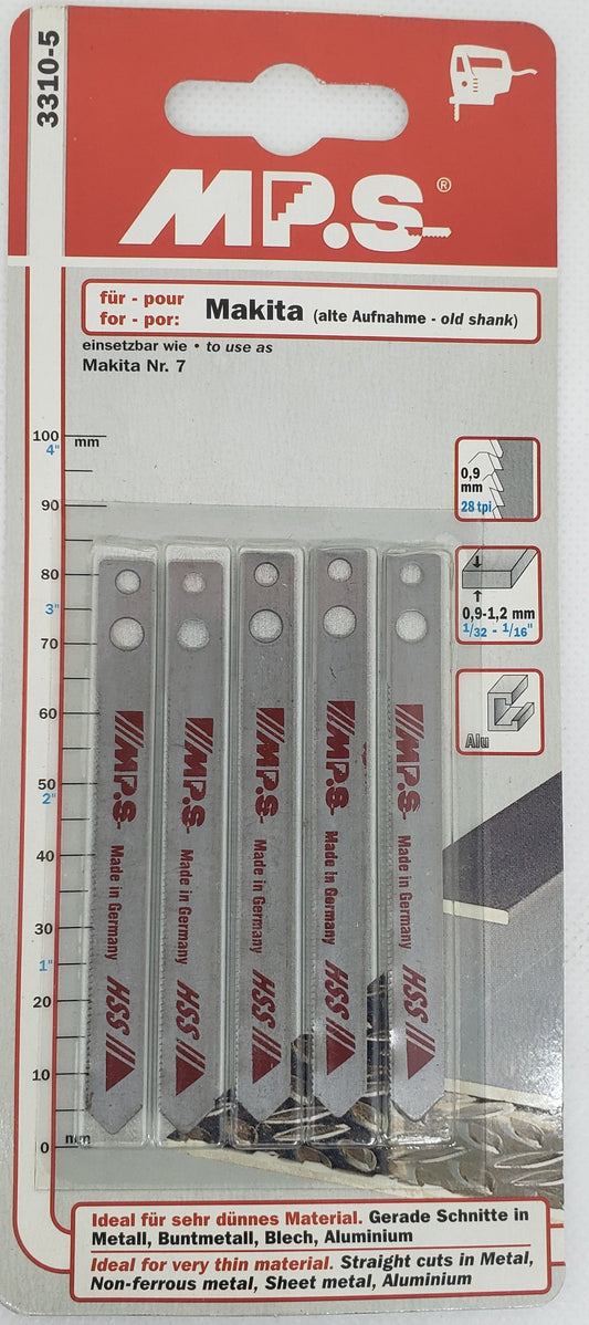 Jig Saw Blades for :MAKITA 3. Ideal for VERY THIN MATERIAL, STRAIGHT CUTS in METAL, ALU, SHEET METAL, NON-FERROUS METAL up to 60mm=2.1/2"  - [ MPS 3310 HSS-MS ]