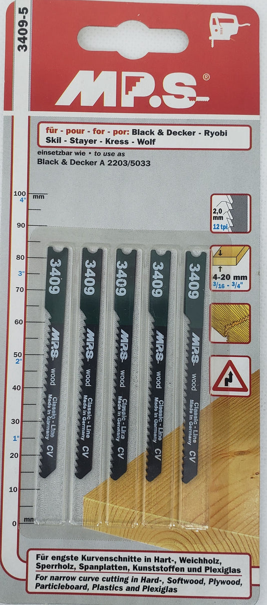 Jig Saw Blades BLACK & DECKER for Ideal for narrow curve cutting in HARD & SOFT WOOD,PLYWOOD,  PLASTICS, PARTICLE BOARD up to 50mm=2" CURVED CUT  - [ MPS 3409 K CV-MS ]