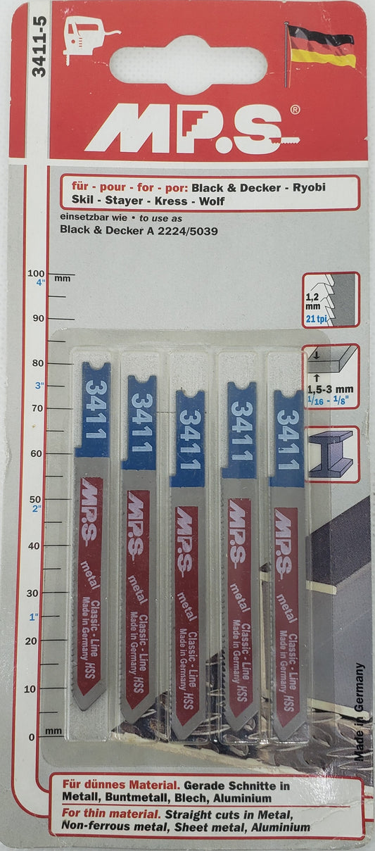 Jig Saw Blades for :B+D Ideal for THIN MATERIAL, STRAIGHT CUTS in METAL, ALU, SHEET METAL, NON-FERROUS METAL up to 50mm=2"  - [ MPS 3411 HSS-MS ]