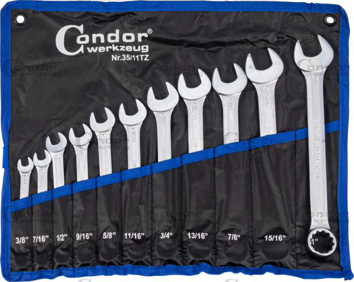 COMB SPANNER SET IMPERIAL 11 PCS 3/8", 7/16", 1/2", 9/16", 5/8", 11/16", 3/4", 13/16", 7/8", 15/16", 1" CHROM VANADIUM  - CONDOR [ PRA 35/11TZ ]