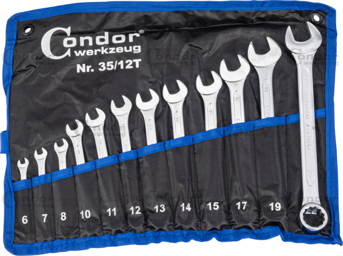 COMBINATION SPANNER SET 12 PCS 6, 7, 8 , 10 , 12 , 13 , 14 , 15 , 17, 19 , 22 CHROM VANADIUM  - CONDOR [ PRA 35/12T ]