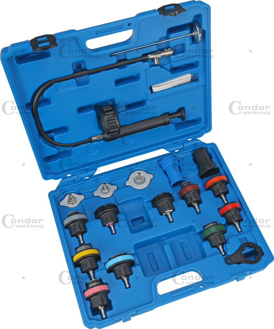 Radiator Pressure Test Kit wth Pump w Manometer and Hose, 2 connectors , 13 adapters and Spanner in Plastic Case  - CONDOR [ pra 355A ]