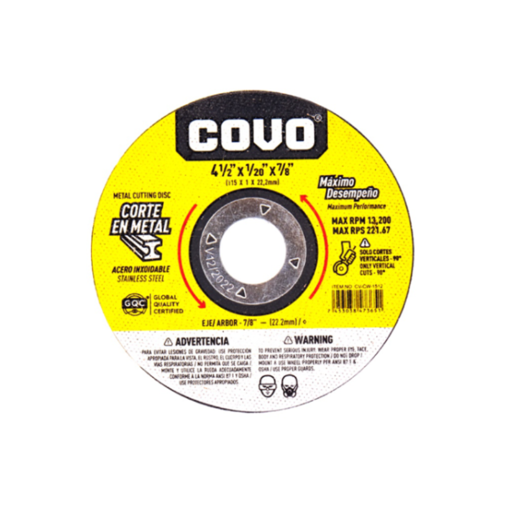 Metal Cutting Disc 4-1/2" x 1/20" x 7/8" (115 x 1 x 22,2mm) - COVO  -  [ COV CVCW1512 ]