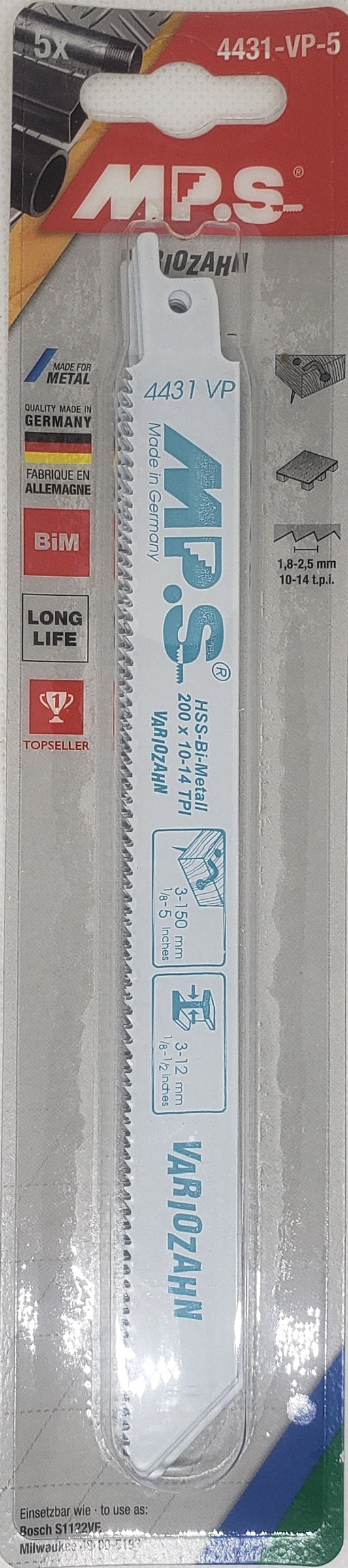 8" 14T RECIP Saw Blades for :Cutting METAL, WOODw/NAILS, PLASTICS. Variable tooth spacing for cutting different material GERMAN Made  - [ MPS 4431 VP F Bi-MS ]