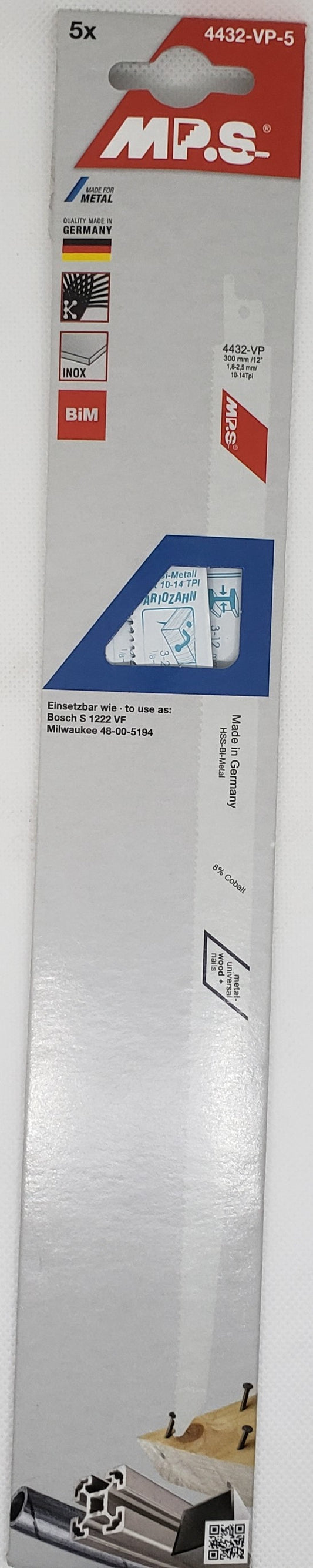 12" 10T RECIP Saw Blades for :Cutting METAL, WOODw/NAILS, PLASTICS, ALU, INOX, PROFILES. Variable tooth spacing for cutting different material. MADE IN GERMANY  - [ MPS 4432 VP F Bi-MS ]