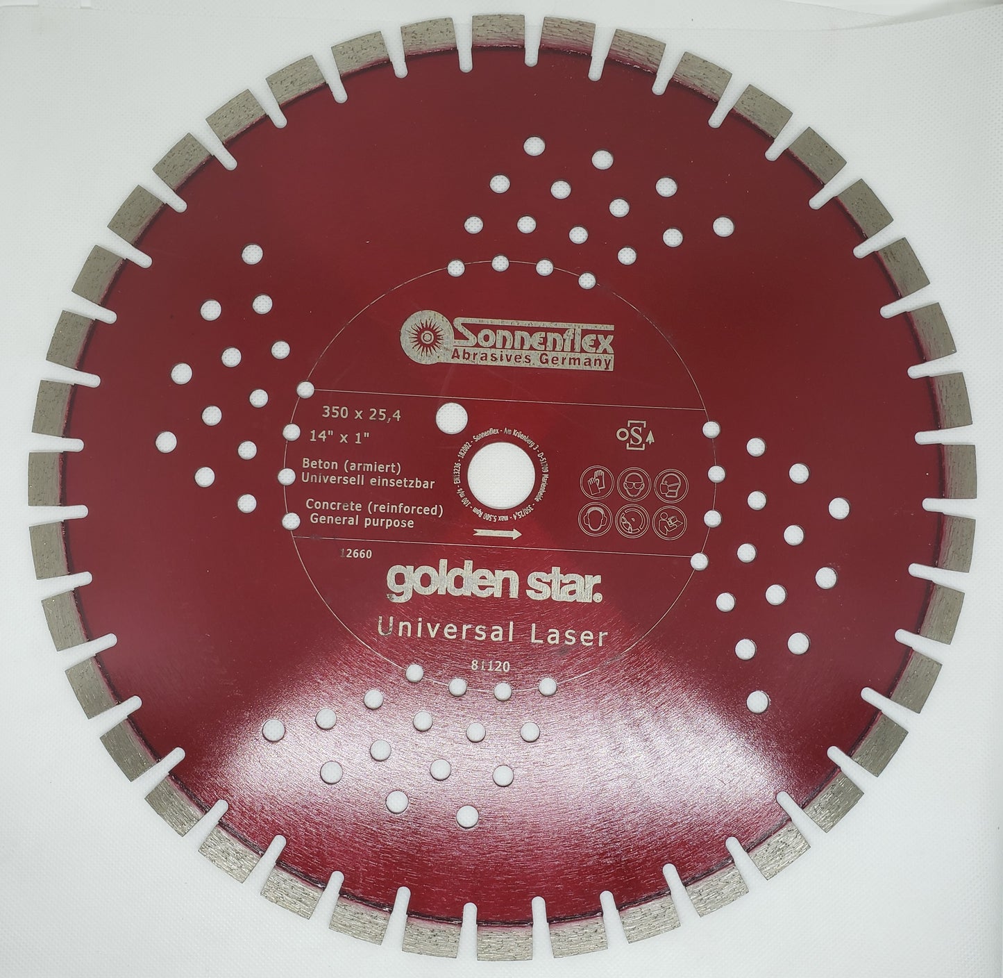 GOLDEN STAR UNIVERSAL LASER DIAMOND BLADE 350x3.2x12x25.4mm=14"x1/8"x1/2x1" segmented  rim, concrete + armoured concrete , professional application GERMAN - SONNENFLEX [ SON 79000778 ]