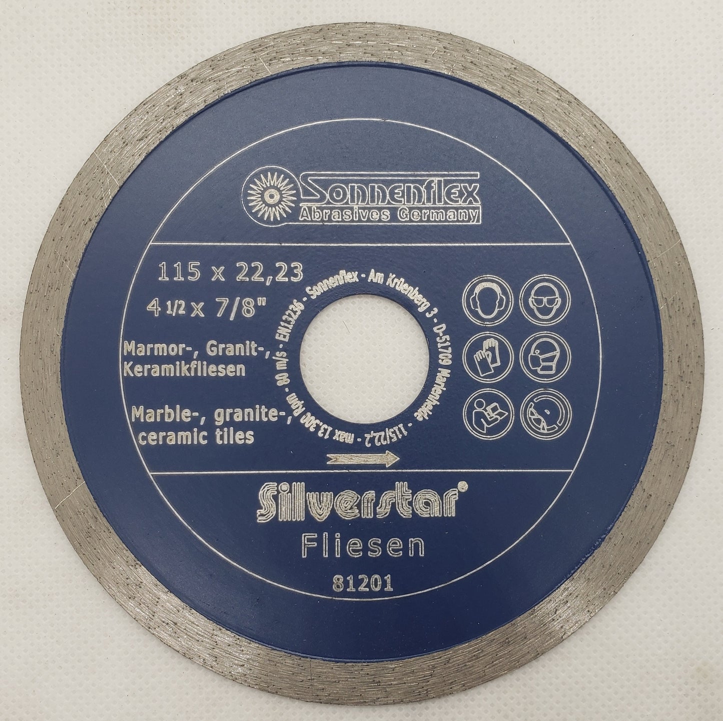 Diamond Cutting Disc 115x1.6x5x22.4mm=4.5/8"x1/4"x7/8" continuous rim,dry & wet cut, professional application on wall and floor tiles, marble, glazed ceramic GERMAN - SONNENFLEX [ SON C30S SILVERSTAR ]