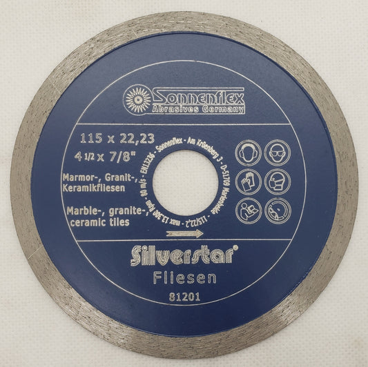 Diamond Cutting Disc 115x1.6x5x22.4mm=4.5/8"x1/4"x7/8" continuous rim,dry & wet cut, professional application on wall and floor tiles, marble, glazed ceramic GERMAN - SONNENFLEX [ SON C30S SILVERSTAR ]