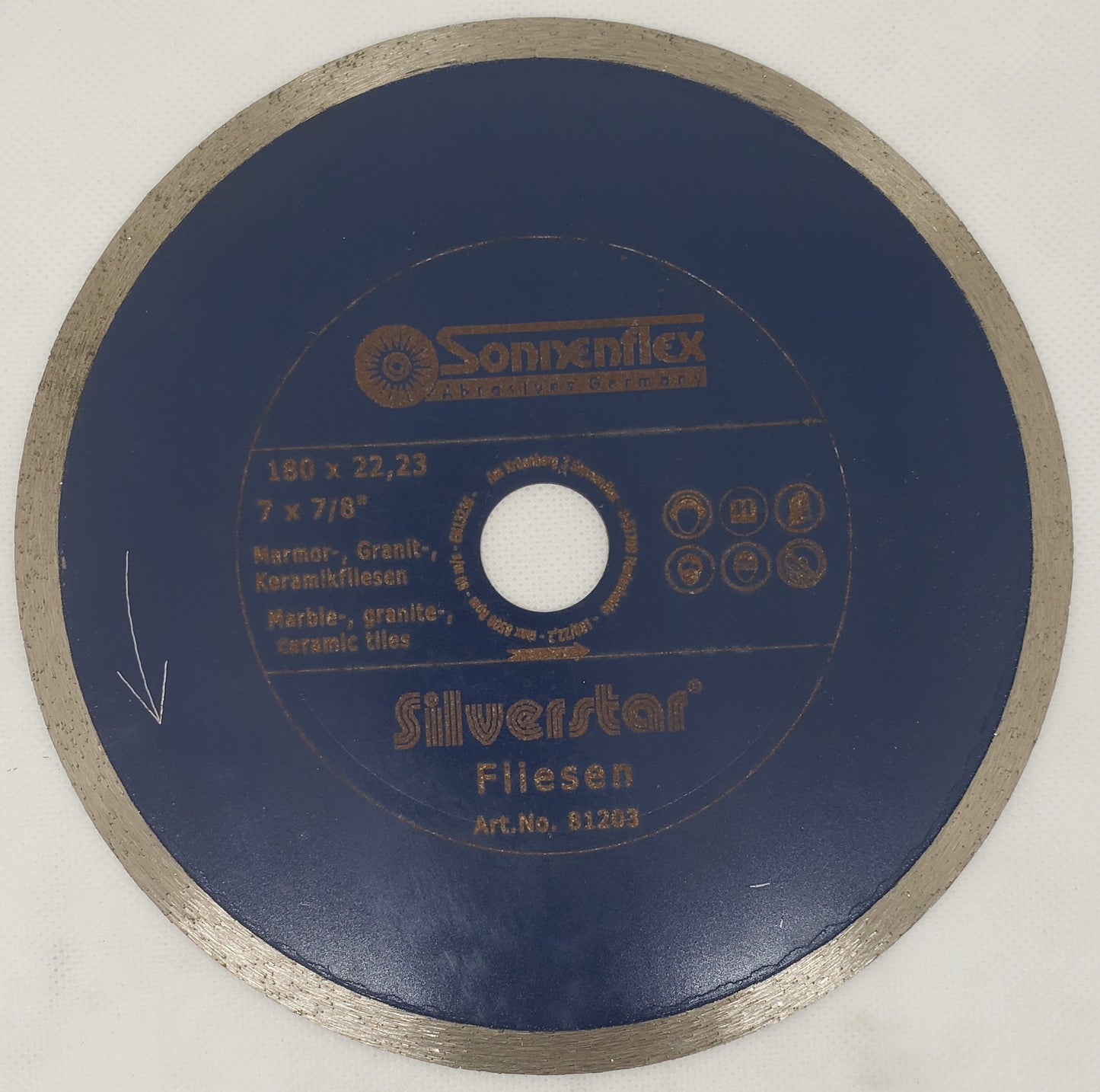 Diamond Cutting Disc 180x1.6x5x22.4mm=7.1/4"x1/6"x3/16x55/64"continuous rim,dry & wet cut, professional application wall and floor tiles, marble, glazed ceramic GERMAN - SONNENFLEX [ SON C30S2 SILVERSTAR ]