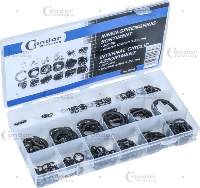 INTERNAL CIRCLIP Assortment 300 Pcs in plastic case 3-32MM=1/8"-1.1/4"  - CONDOR [ PRA 9070 ]