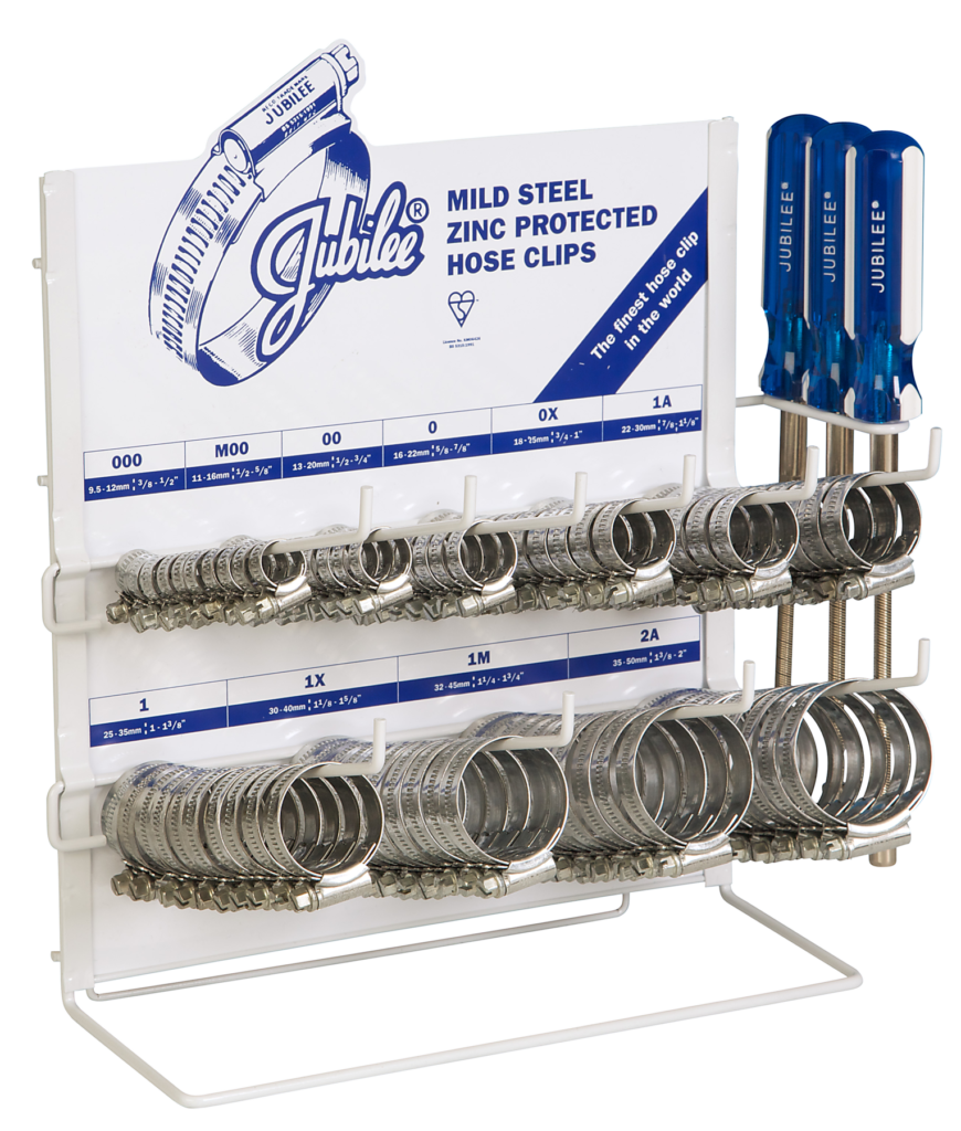 Hose Clip Dispenser with 100 Mild Steel Hose Clips 3/8"-2.1/8'=9.5-55mm  -  [ JUB CD 100 ]