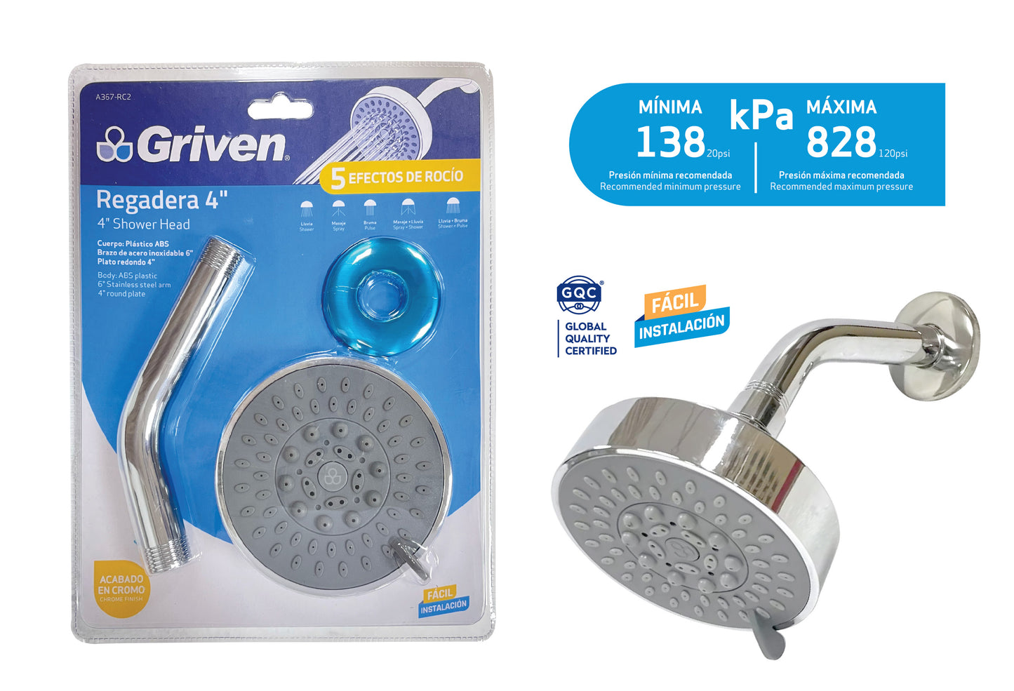 4"   5-Function Chrome Plated Shower Head - GRIVEN - [  GRI A367RC2 ]