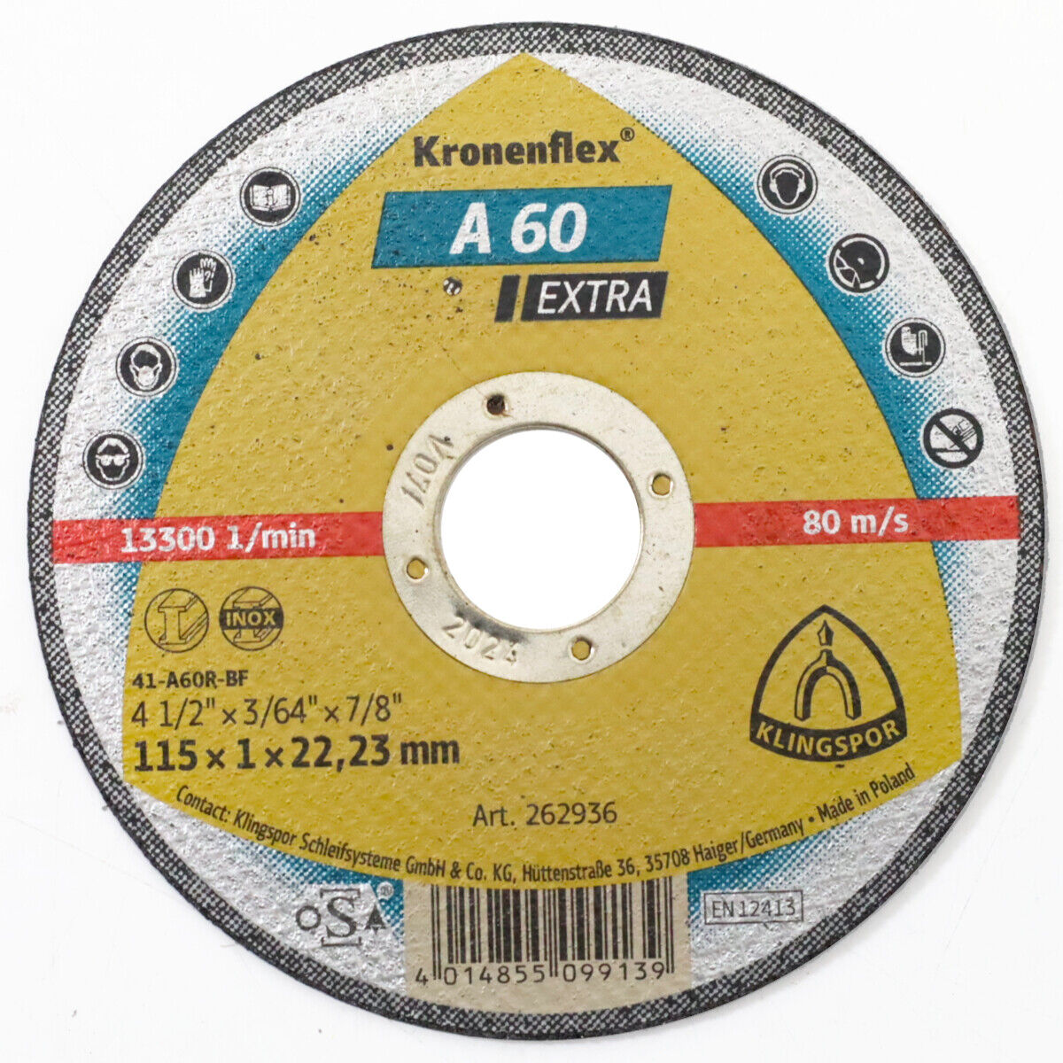 STEEL CUTTING DISC 115MM=4.1/2" x  3/64 (1mm)  TLS65409  KLI-262936  - KLINGSPOR [ KLI A 60 EX 115X1 ]